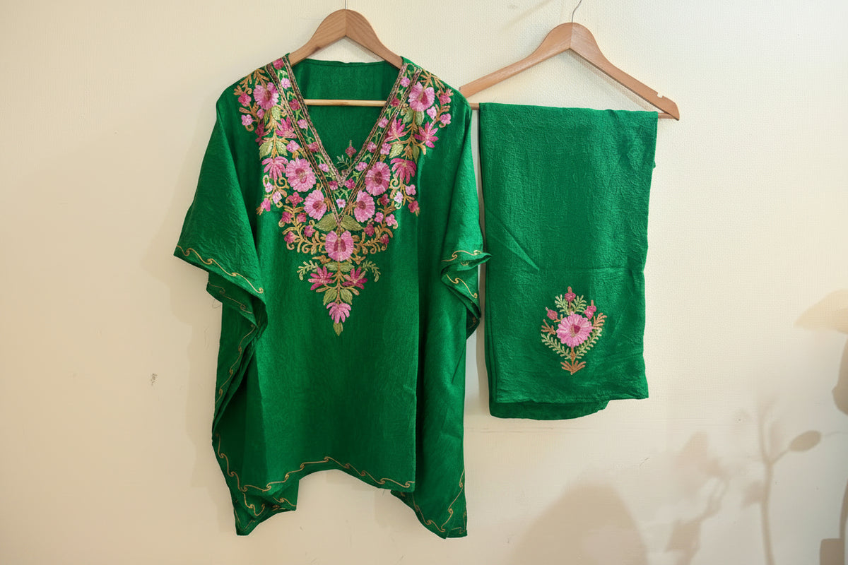 Lailaa Green  Kaftan Set with Multi Color Aari Embroidery