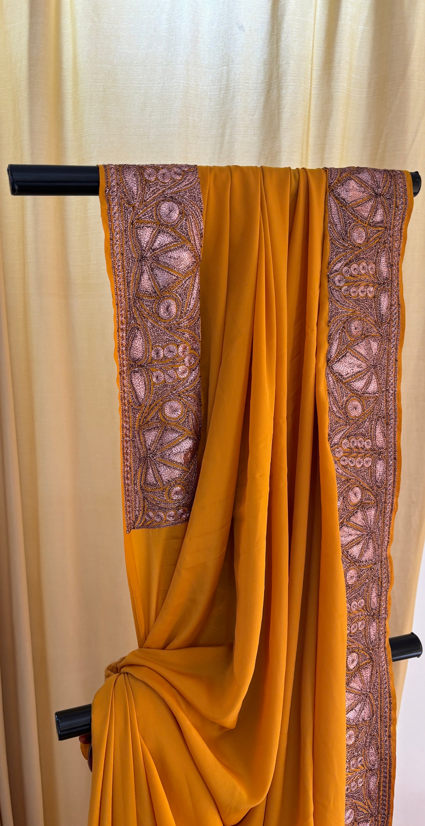 Mahren Mustard Crepe Saree With Kashmiri Tilla Embroidery