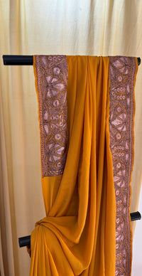 Mahren Mustard Crepe Saree With Kashmiri Tilla Embroidery