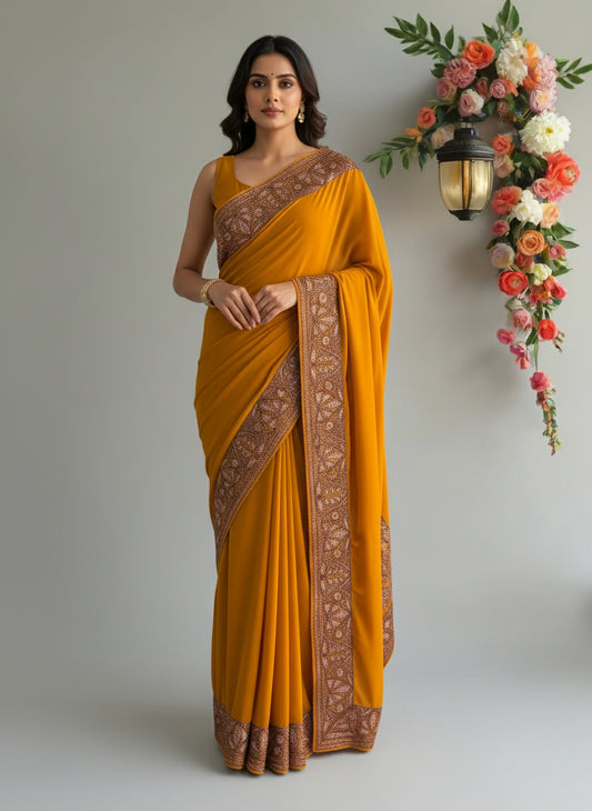 Mahren Mustard Crepe Saree With Kashmiri Tilla Embroidery