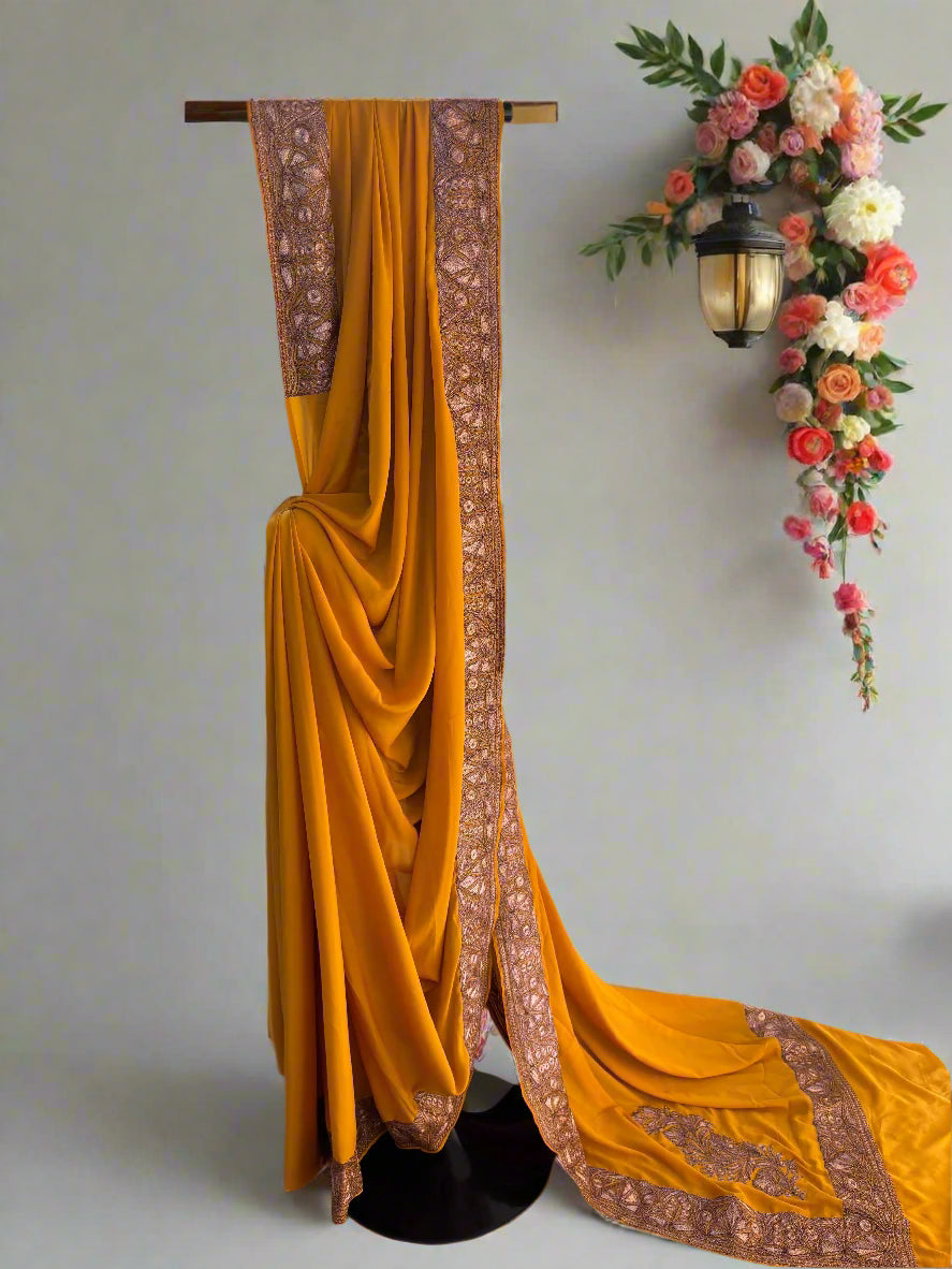 Mahren Mustard Crepe Saree With Kashmiri Tilla Embroidery