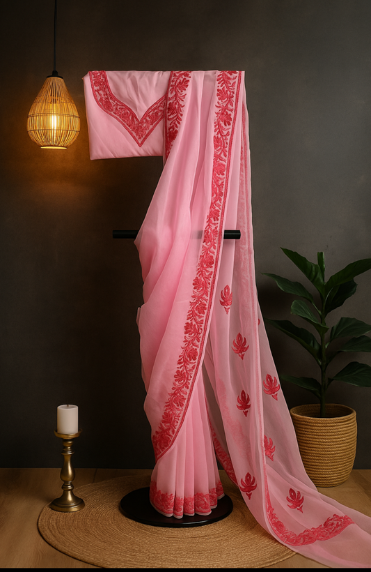 Posh Blush Pink Organza Saree With Kashmiri Aari Embroidery