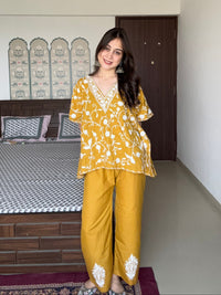 Lailaa Mustard Short Kaftan Set with Jaal Aari Work Embroidery