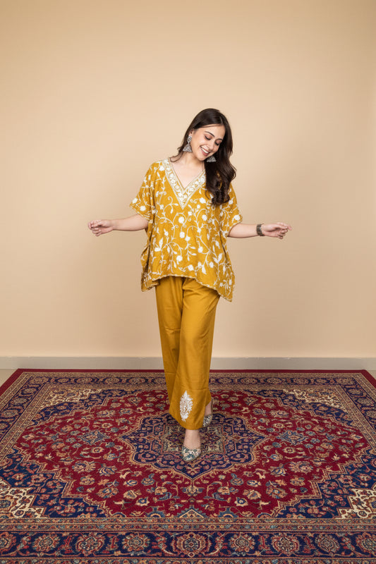 Lailaa Mustard Short Kaftan Set with Jaal Aari Work Embroidery