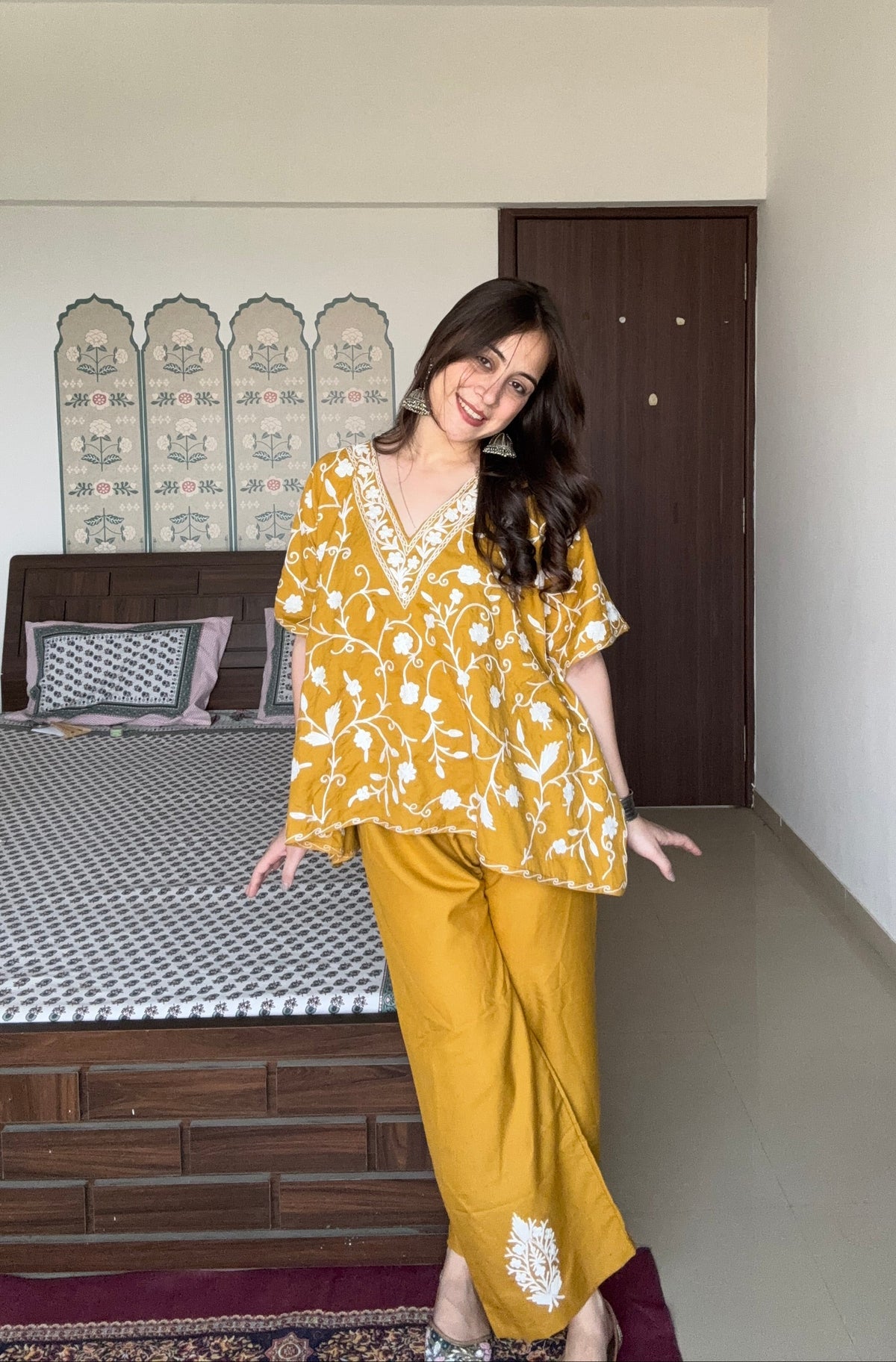 Lailaa Mustard Short Kaftan Set with Jaal Aari Work Embroidery