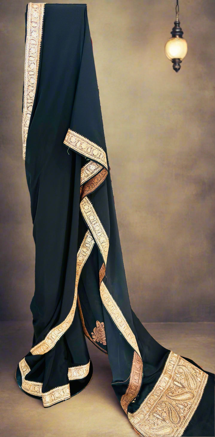 Mahren Black Crepe Saree With  Premium Kashmiri Tilla Embroidery