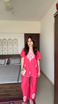Lailaa Pink Short Kaftan Set with White Aari Work Embroidery