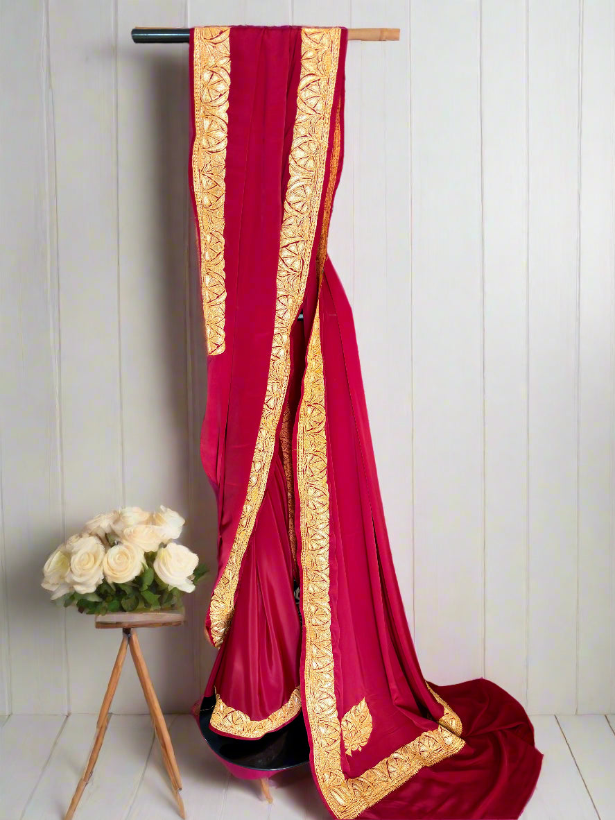 Posh Maroon Saree With Kashmiri Tilla Embroidery