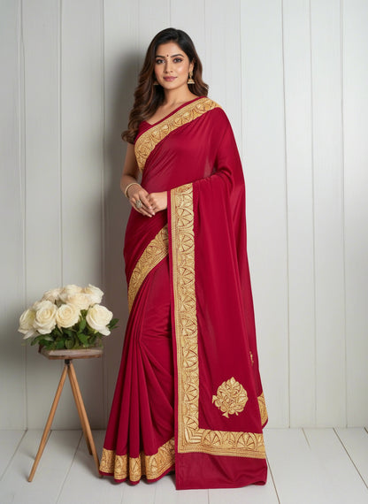 Posh Maroon Saree With Kashmiri Tilla Embroidery