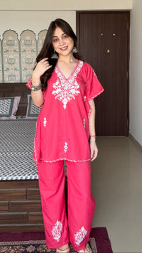 Lailaa Pink Short Kaftan Set with White Aari Work Embroidery