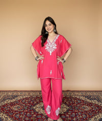 Lailaa Pink Short Kaftan Set with White Aari Work Embroidery
