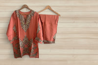 Pastel Peach Silk Kurta-Set with Zari Tilla & Aari Embroidery
