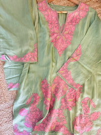 Pastel Green with Zari Tilla Aari Embroidered Kurta Set
