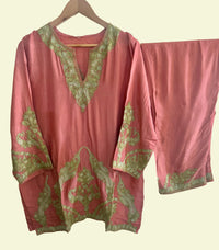 Pamposh Dark Peach Pink Silk Kurta-Set with Zari Tilla & Aari Embroidery
