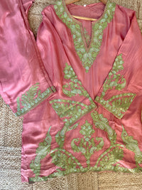 Pamposh Dark Peach Pink Silk Kurta-Set with Zari Tilla & Aari Embroidery
