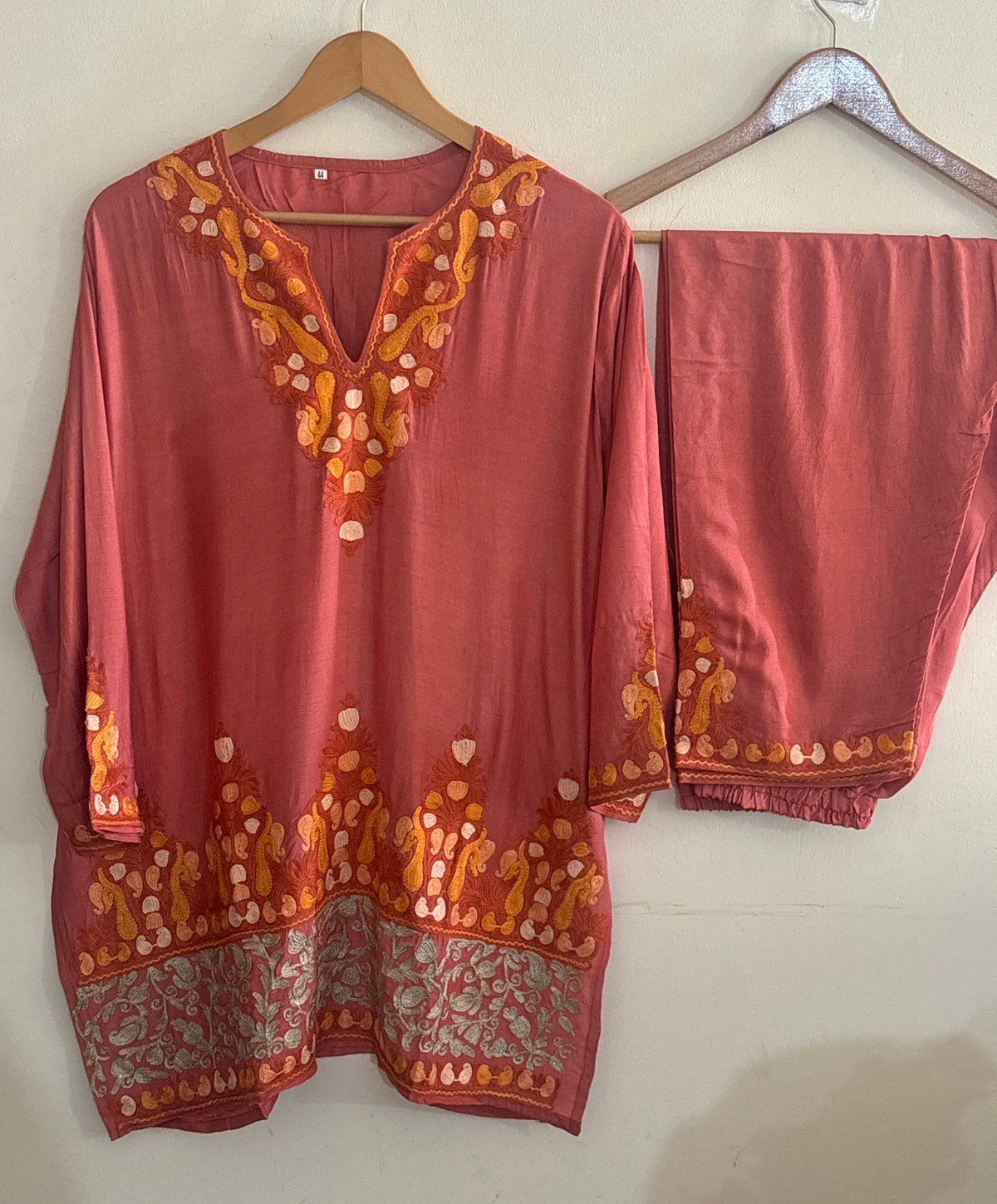 Pamposh Dark Peach with Zari Tilla Aari Embroidered Kurta Set