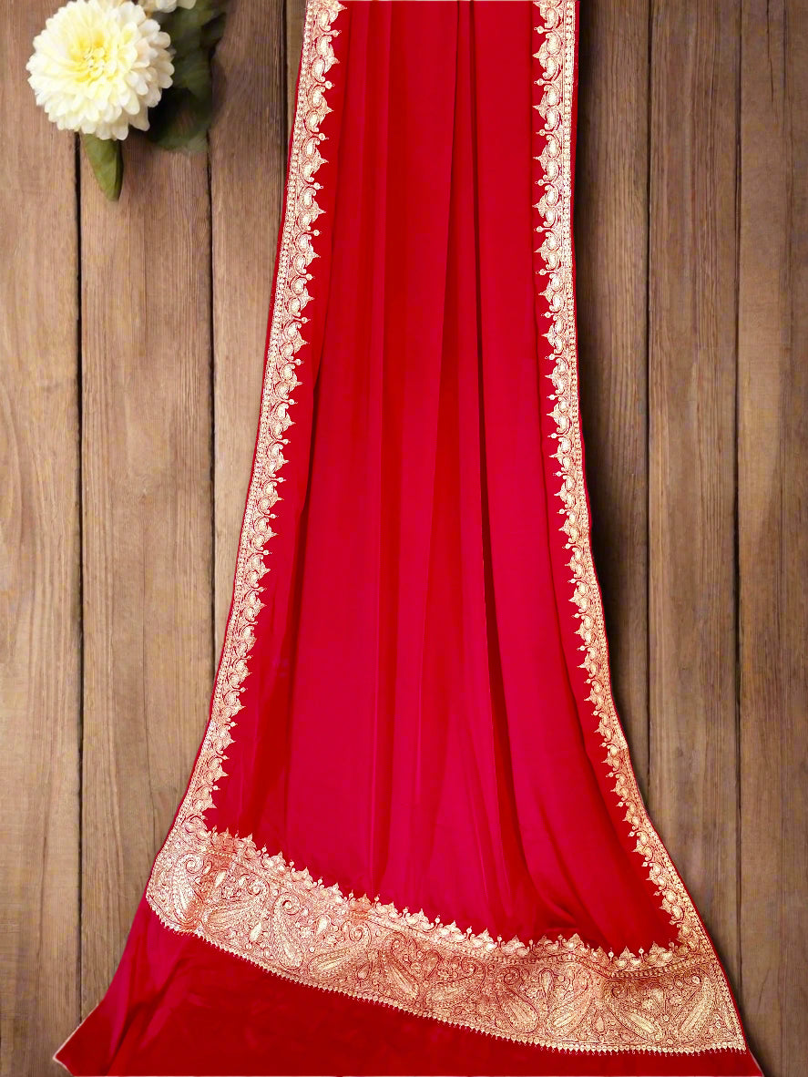 Nayna Red Crepe Tilla Saree with Kasmiri Tilla Embroidery