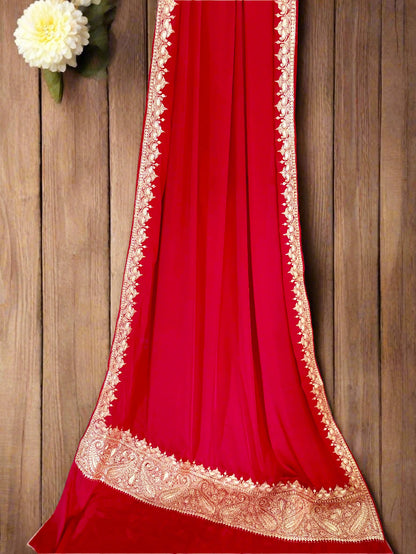 Nayna Red Crepe Tilla Saree with Kasmiri Tilla Embroidery