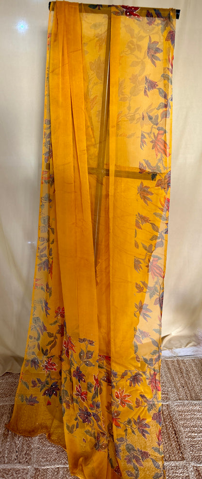 Heer Mustard Kashmiri Silk Unstiched Suit with Thread Embroidery