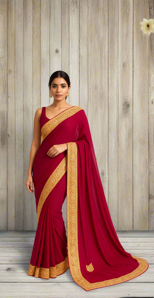 Posh Maroon Saree With Kashmiri Tilla Embroidery