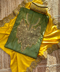 Nayna Olive Green Unstitched Suit with Mustard Dupatta | Tilla Embroidery