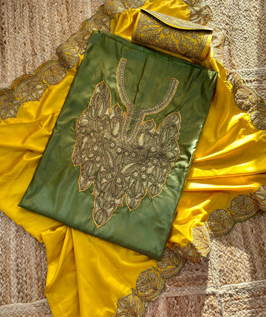 Nayna Olive Green Unstitched Suit with Mustard Dupatta | Tilla Embroidery