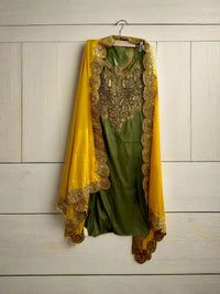 Nayna Olive Green Unstitched Suit with Mustard Dupatta | Tilla Embroidery