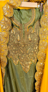 Nayna Olive Green Unstitched Suit with Mustard Dupatta | Tilla Embroidery