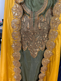 Nayna Olive Green Unstitched Suit with Mustard Dupatta | Tilla Embroidery