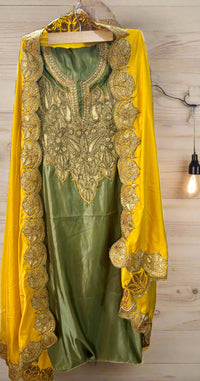 Nayna Olive Green Unstitched Suit with Mustard Dupatta | Tilla Embroidery