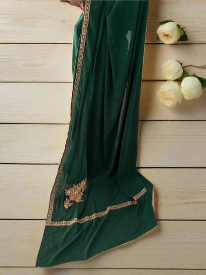Omang Green Crepe Saree with Kashmiri Tilla Embroidery