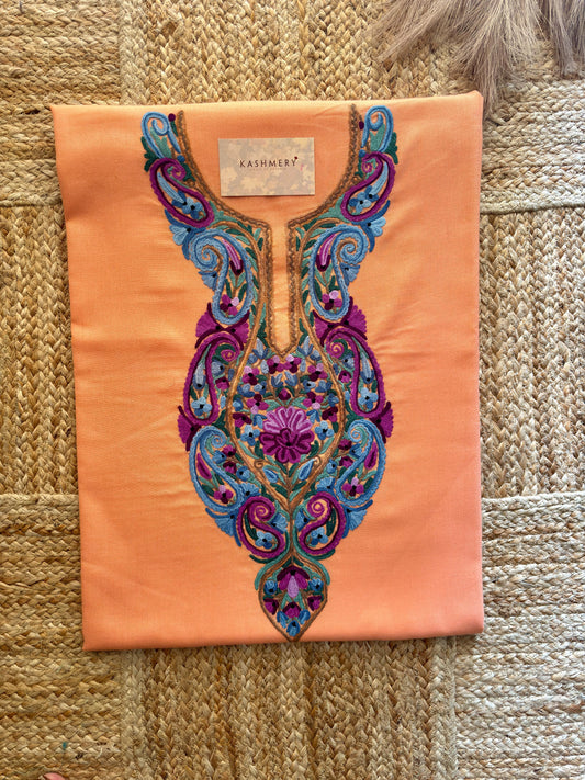 Naari Peach Handmade Aari Embroidered Unstitched Suit – Summer Edition
