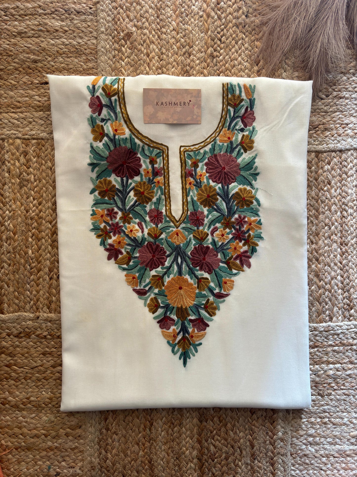 Naari White Floral  Handmade Aari Embroidered Unstitched Suit – Summer Edition