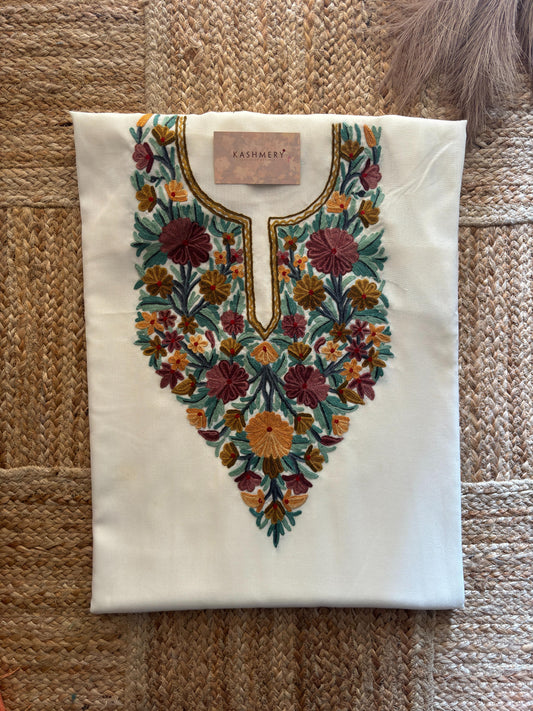 Naari White Floral  Handmade Aari Embroidered Unstitched Suit – Summer Edition