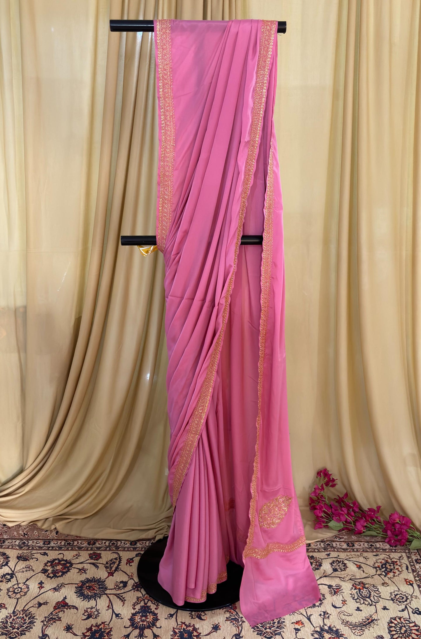 Pamposh Soft Pink Crepe Saree with Kashmiri Tilla Embroidery
