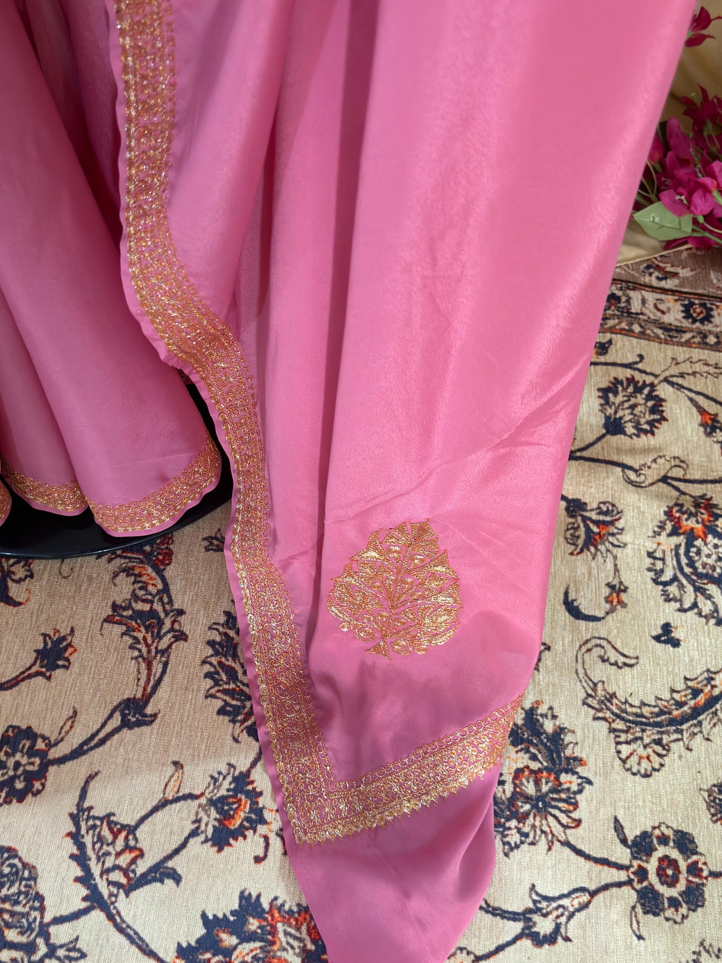 Pamposh Soft Pink Crepe Saree with Kashmiri Tilla Embroidery