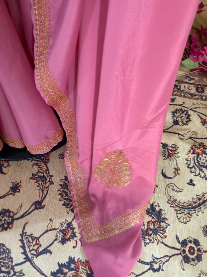 Pamposh Soft Pink Crepe Saree with Kashmiri Tilla Embroidery