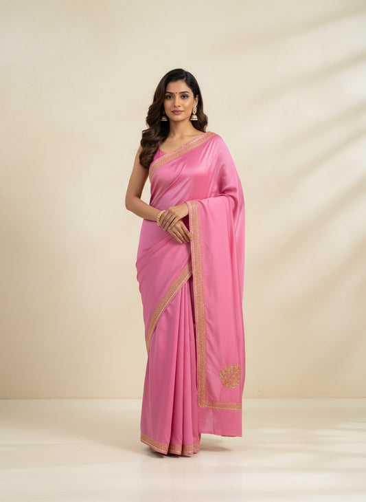 Pamposh Soft Pink Crepe Saree with Kashmiri Tilla Embroidery