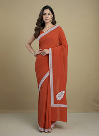 Pamposh Rust Orange Crepe Saree with Kashmiri Tilla Embroidery