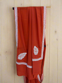 Pamposh Rust Orange Crepe Saree with Kashmiri Tilla Embroidery
