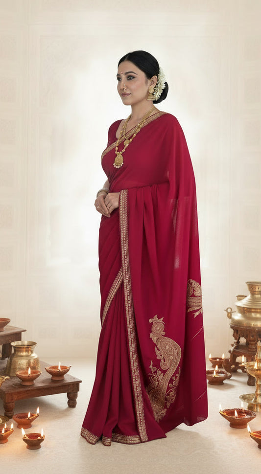 Pamposh Rani Pink Crepe Saree with Kashmiri Tilla Embroidery