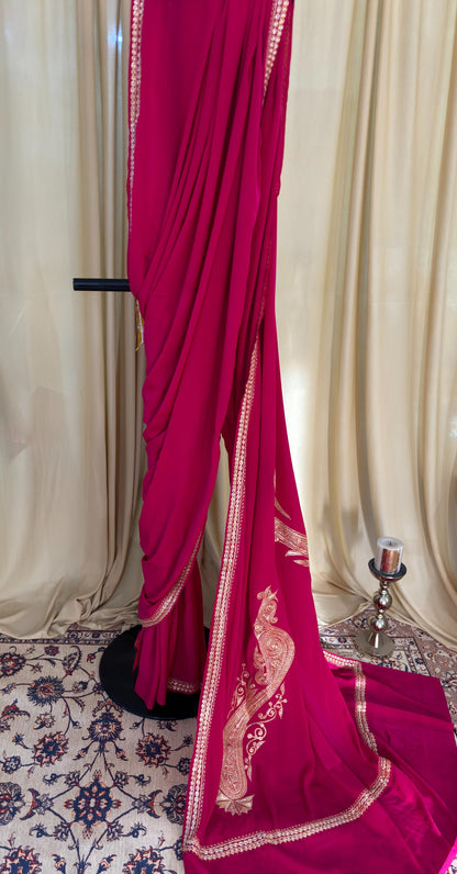 Pamposh Rani Pink Crepe Saree with Kashmiri Tilla Embroidery
