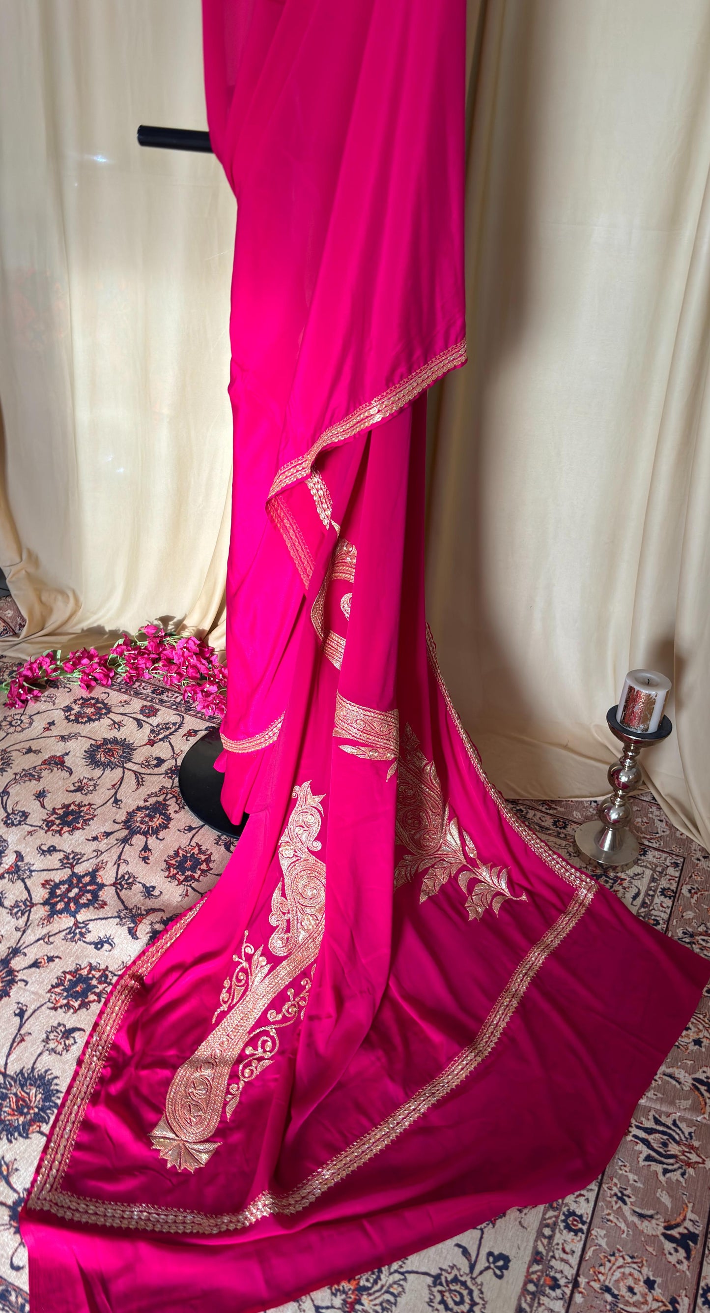 Pamposh Rani Pink Crepe Saree with Kashmiri Tilla Embroidery