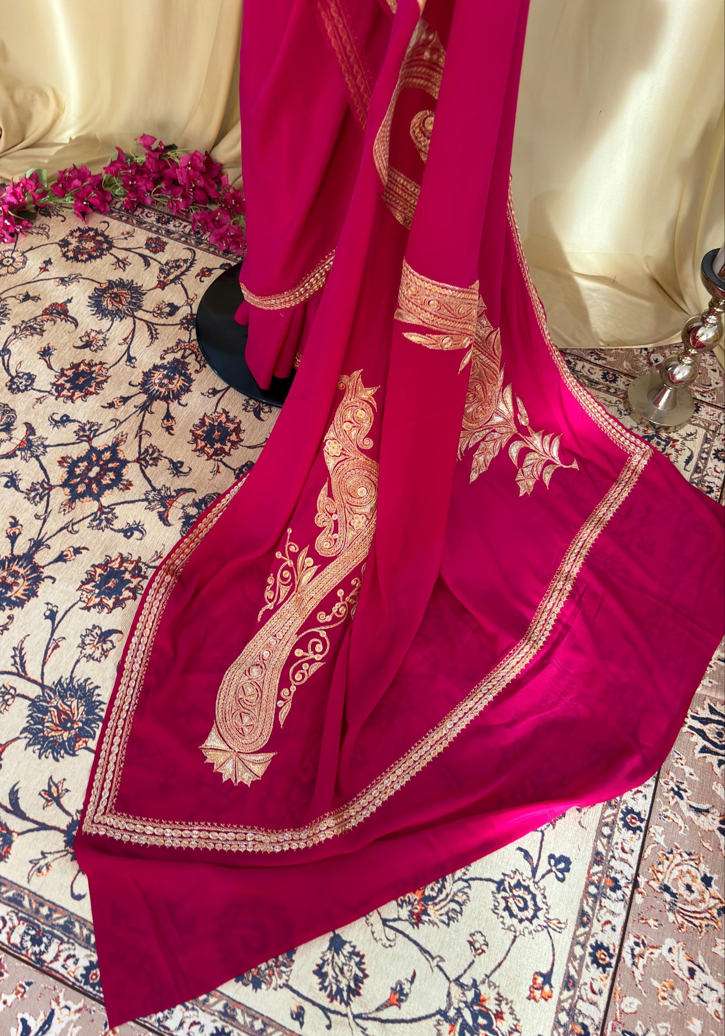 Pamposh Rani Pink Crepe Saree with Kashmiri Tilla Embroidery