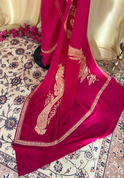 Pamposh Rani Pink Crepe Saree with Kashmiri Tilla Embroidery