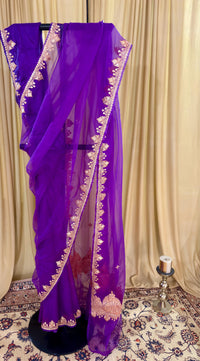 Madhuri Purple Organza Saree With Kashmiri Tilla Embroidery