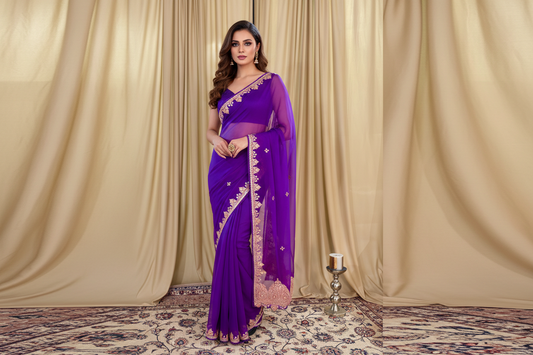 Madhuri Purple Organza Saree With Kashmiri Tilla Embroidery