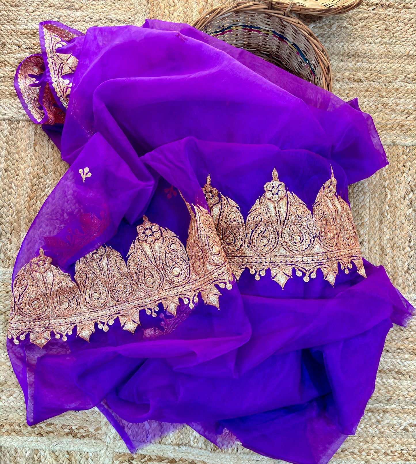 Madhuri Purple Organza Saree With Kashmiri Tilla Embroidery