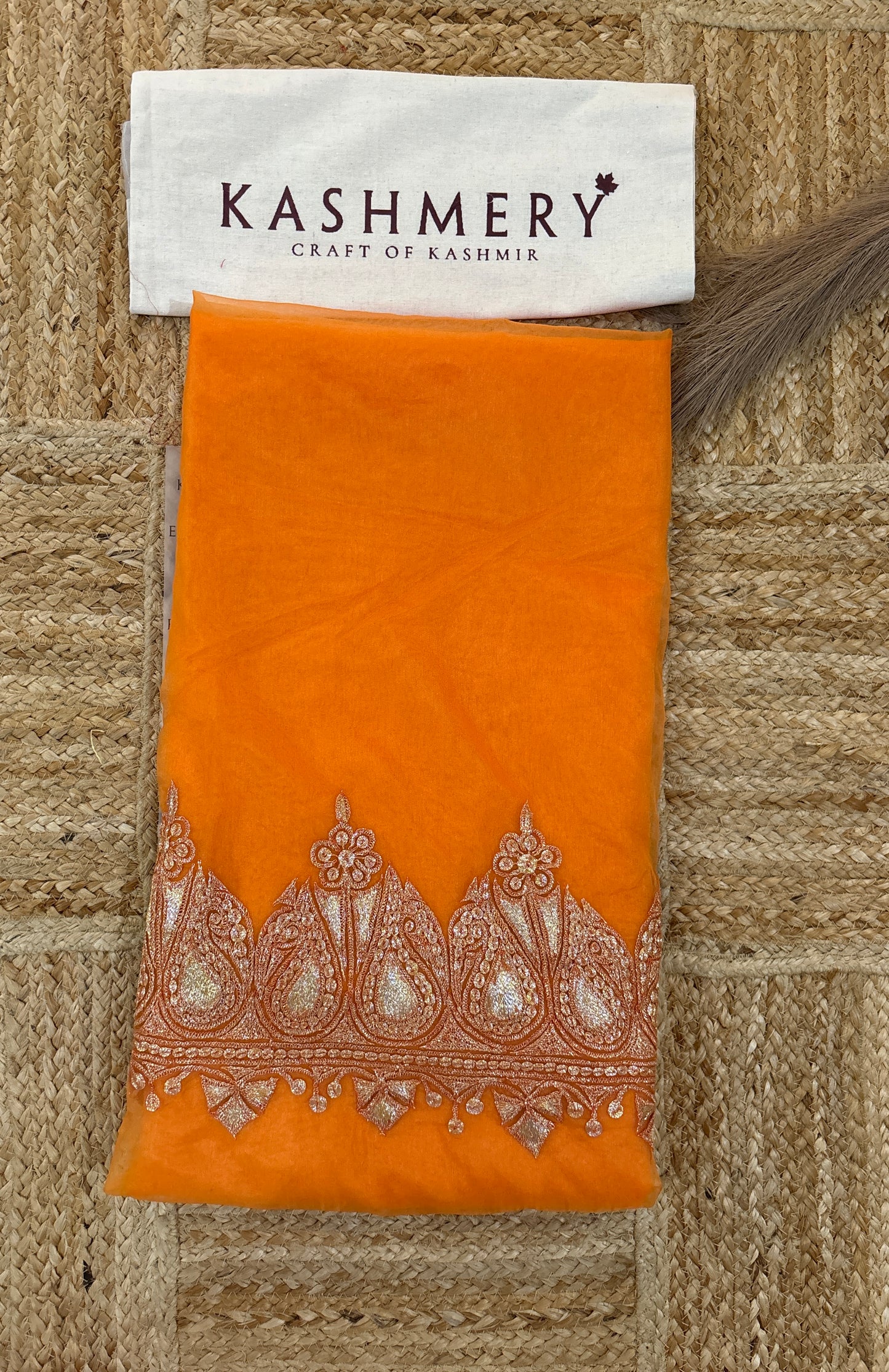 Madhuri Peach Organza Saree With Kashmiri Tilla Embroidery
