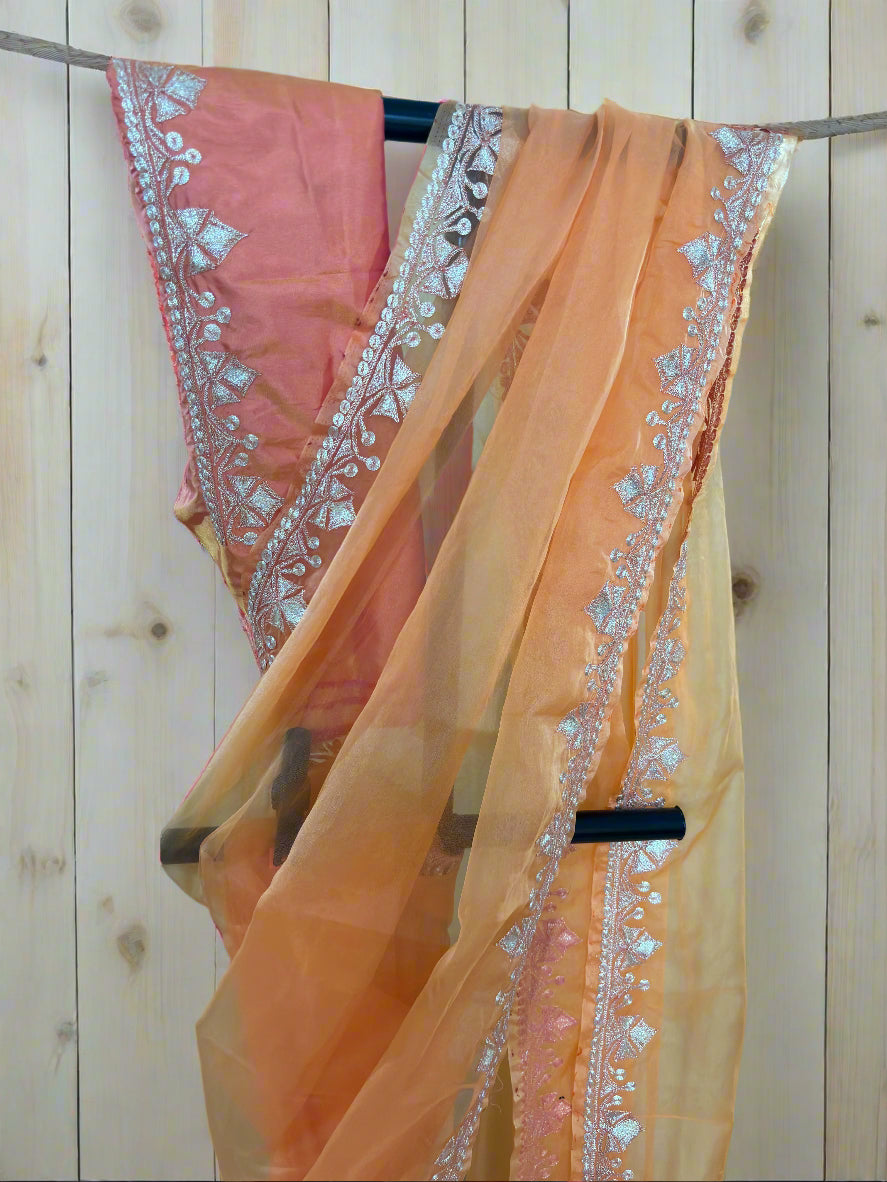 Madhuri Peach Organza Saree With Kashmiri Tilla Embroidery